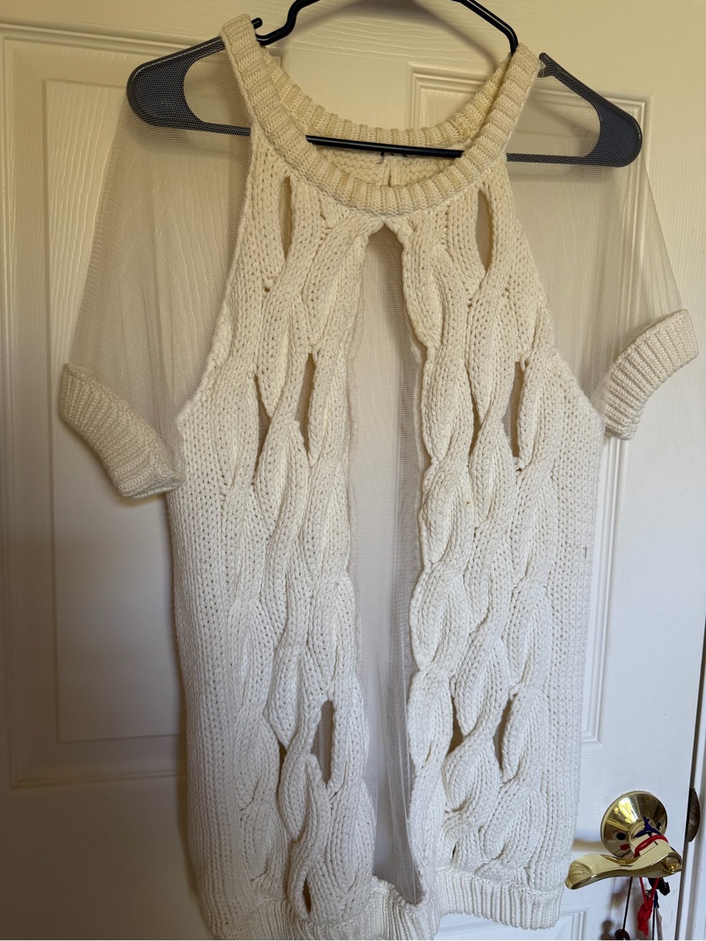 TopShop Cream Cable-Knit Cold-Shoulder Sweater Top